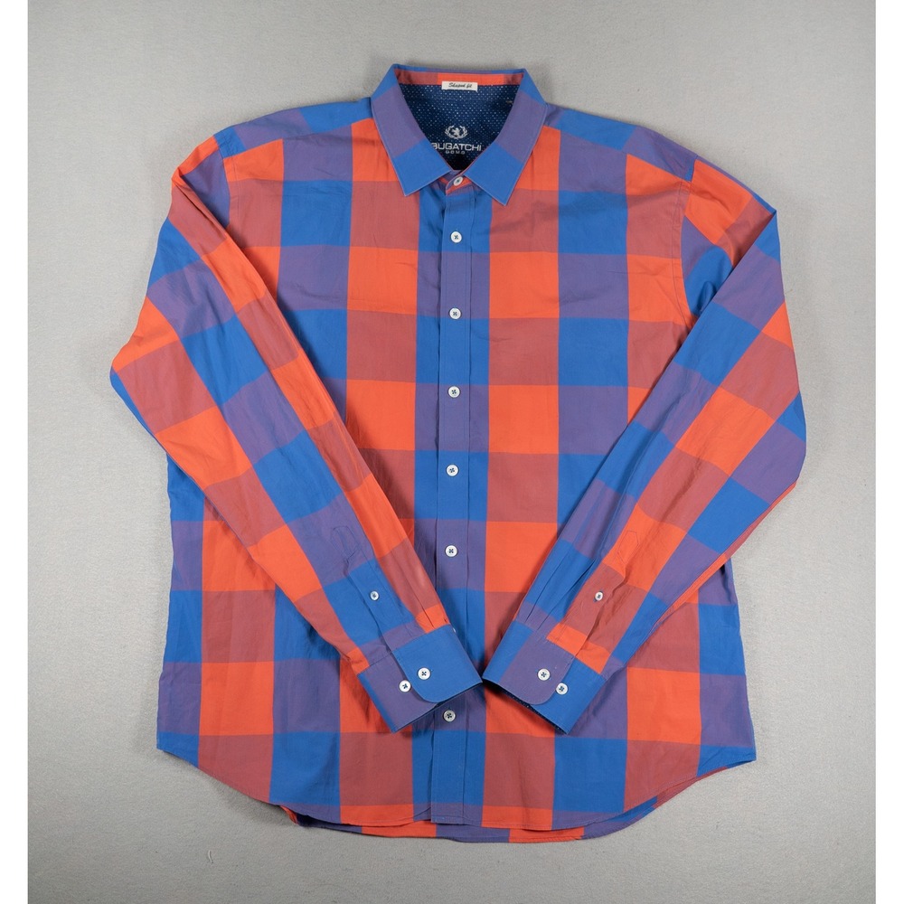 Bugatchi Uomo Mens Shirt Shaped Fit Buffalo Check Blue Orange Purple Cotton XL